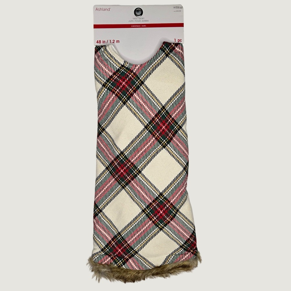 Ashland Christmas Plaid Tree Skirt 48 in Round Multicolor with Faux Fur Trim
